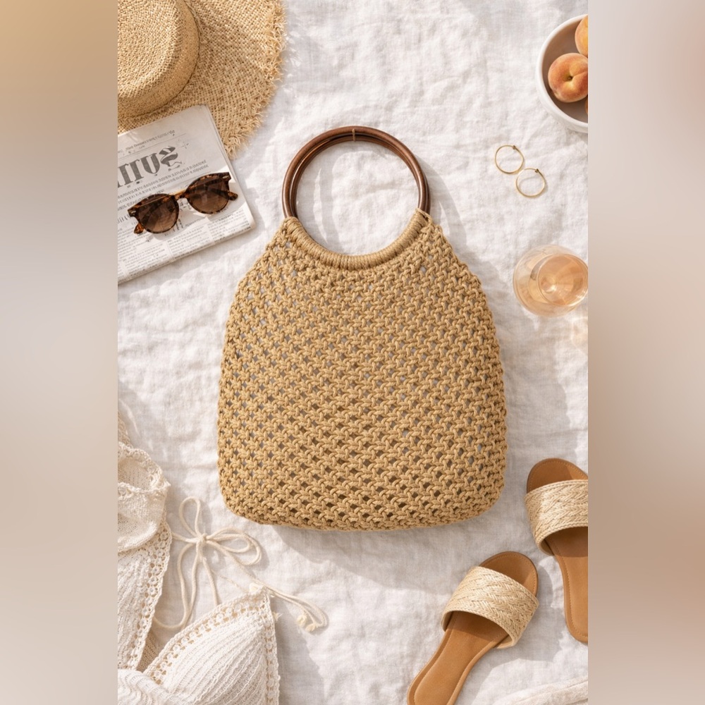 Rare Vintage Trina Turk Large Jute Macramé Tote Wooden Ring Handles - Picture 7 of 7